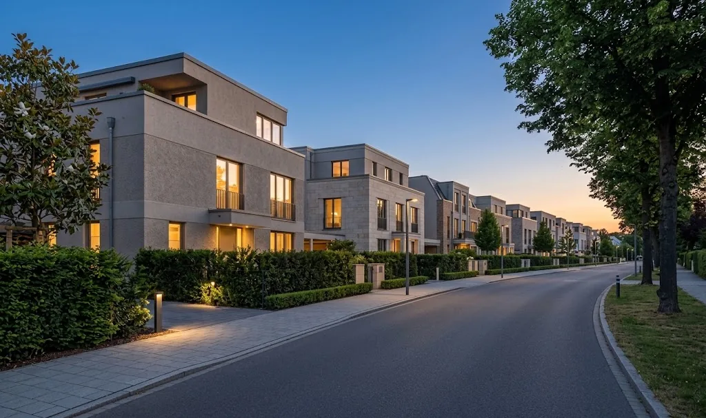 Moderne Stadthäuser an einer geschwungenen Straße in der Abenddämmerung